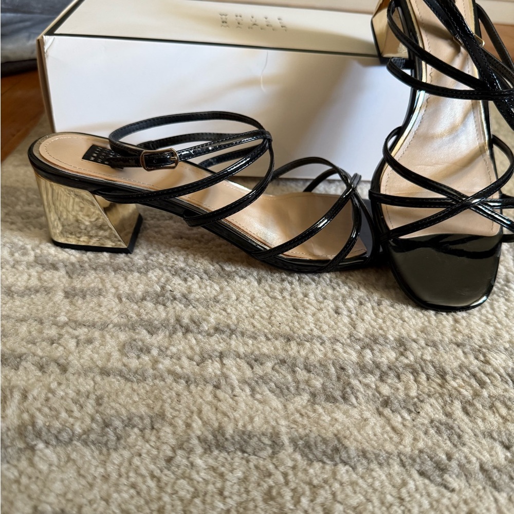 White House Black Market Black and Gold Strappy Heels